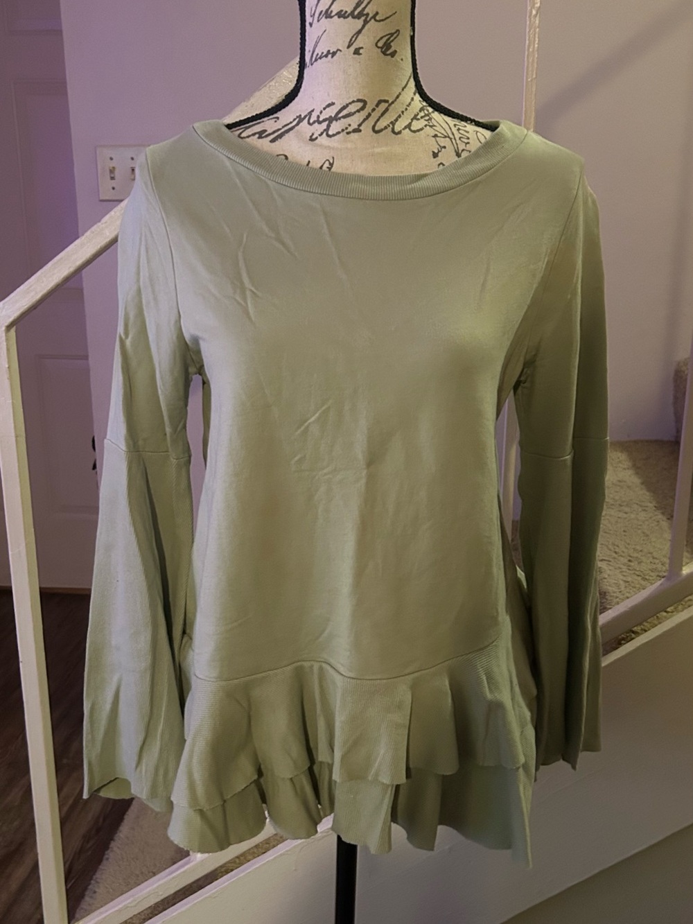 Altar'd State Sage Green Ruffle Hem Long Sleeve Top Knit Pullover - Size M